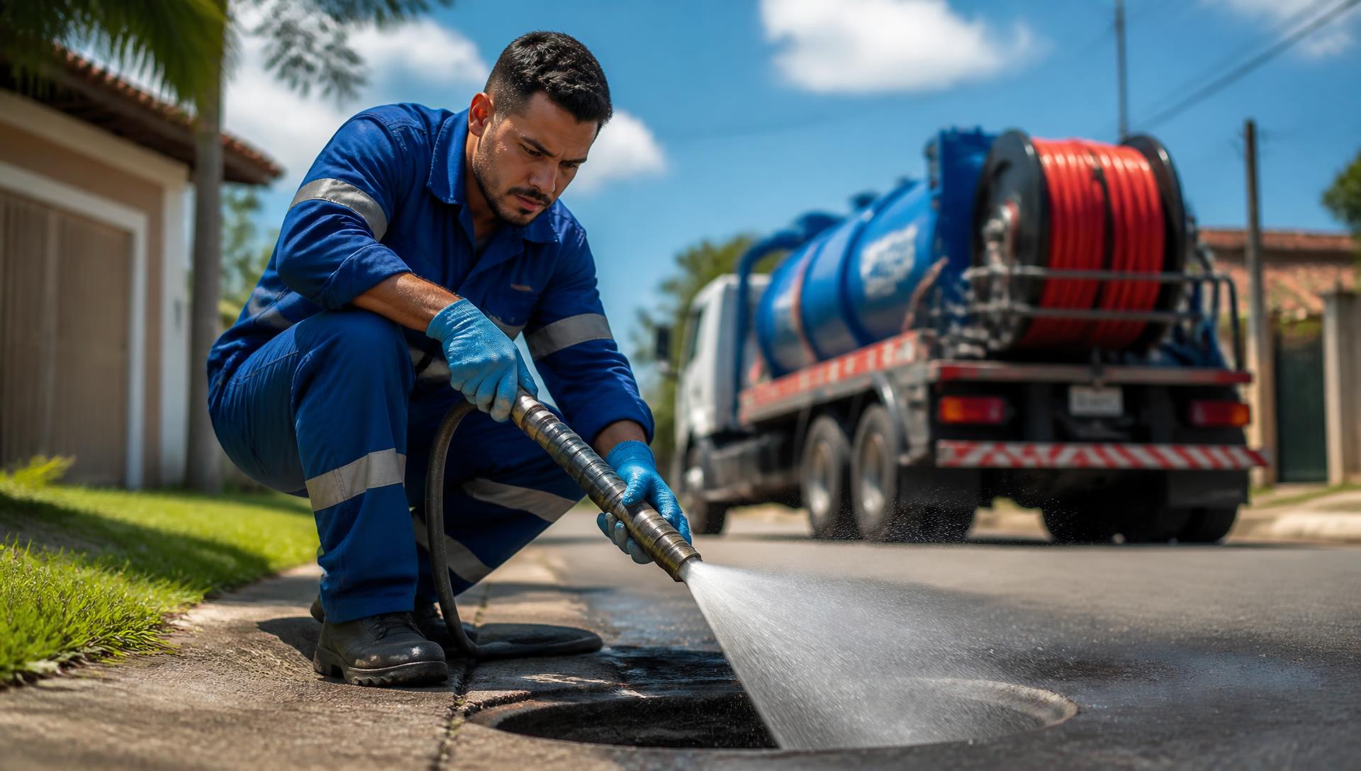 Técnico da Desentupidora Tec Actus usando equipamento de desentupimento